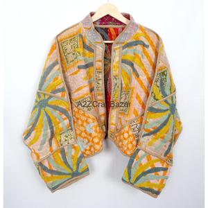 100% Cotton <b>Kantha</b> Handmade Quilted Nonwoven <b>Jacket</b> Floral Printed Open Front Eco-Friendly Breathable - Product Image 4
