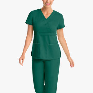 Women's Green V-Neck <b>Scrub</b> <b>Top</b> With Front Pockets Hospital Uniforms Cotton Polyester Woven Fabric - Product Image 3