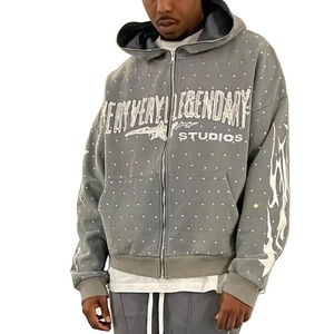 Sweat à capuche personnalisé 100% coton avec appliques brodées en strass sweat à capuche brodé en détresse lavé à l'acide sweat à capuche avec fermeture éclair pour hommes - Product Image 1