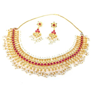 <b>Ruby</b> Pink Pearl Gold Plated Brass Vintage <b>Necklace</b> Set South Indian Bridal Jewelry Traditional Indian Wedding - Product Image 3
