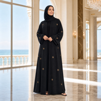 Abaya noire tricotée sur mesure ODM pour femme, broderie étoile dorée, devant ouvert, manches longues, robe kaftan musulmane, tenue modeste du Moyen-Orient, OEM