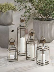 Décoration d'intérieur et d'extérieur : Porte-bougie personnalisé en métal et verre doré, lanterne à bougie en verre pour sol et suspension, style farmhouse, pour la décoration. - Product Image 3