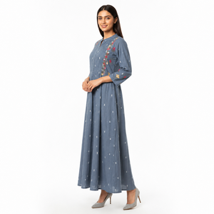 Blue Floral Embroidered Linen Maxi Dress Women V-neck Tunic Dress <b>Wedding</b> Party All Seasons - Product Image 2