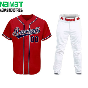 Custom Full Button Baseball Uniform <b>Set</b> Red Striped Jersey with White Long Pants Performance Breathable Team Sportswear - Product Image 1