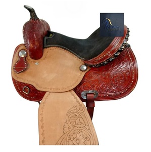 Maroon Tooled Leather Western Barrel Racing Saddle Floral Carving Black Crystal <b>Studded</b> Metal Conchos Seat <b>Plastic</b> 10"-18" Inch - Product Image 6