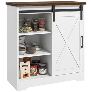 "White MDF Farmhouse <b>Kitchen</b> <b>Sideboard</b> with Sliding Barn Door & Adjustable Shelf for Villa & Dining" - Product Image 1