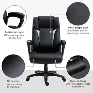 Sedia da Ufficio Ergonomica Direzionale in Pelle PU con Schienale Alto, Girevole a 360°, Altezza Regolabile, Nera, con Funzione Basculante - Product Image 4