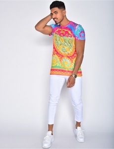 Chemise décontractée à manches courtes et col en V pour homme, imprimé coloré, tissu popeline respirant, style pantalon blanc, été - Product Image 1