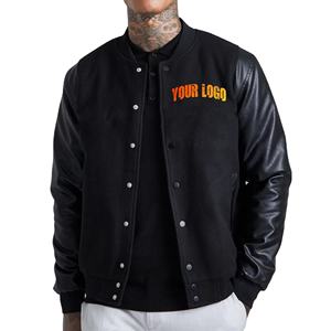 New Arrival 2026 Men's <b>Black</b> Varsity <b>Jacket</b> PU Leather Sleeves Front Logo Print Button Closure Casual Autumn Wear Regular Fit - Product Image 4