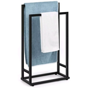 Porte-serviettes en métal noir à 2 niveaux pour petits espaces, support de séchage pour serviettes de toilette à double étage pour salle de bain, type sur pied - Product Image 1