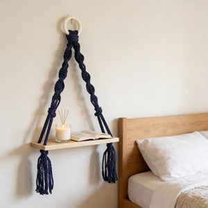 Boho Style Set Of 2 Macrame Wall Hanging Shelves With Wooden Base Ideal For Bedroom Candle Display And Lighting Decor From India - Product Image 2