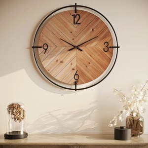 Rustic Wood Wall Clock <b>Round</b> Analog Quartz Design With Metal Frame For Living Room Decor - Product Image 6