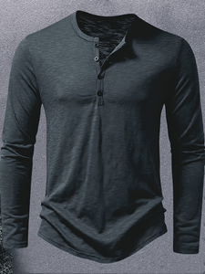Men's Long Sleeve Henley T-Shirt Solid Color Knitted Slim Fit Casual O-Neck Button-Up Dark Gray Brown 100% Cotton Bangladesh - Product Image 3