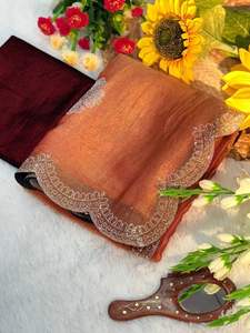 ชุดส่าหรีผ้าไหมซาตินงานปักซิรอสกี้สวยงามทันสมัยสไตล์อินเดีย พร้อมเสื้อส่าหรีสุดหรู ดีไซน์พิเศษ  แบบดั้งเดิม  ทันสมัยตามเทรนด์ล่าสุด - Product Image 3