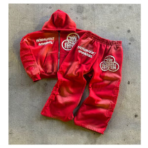 Conjunto de Sudadera con Capucha y Pantalones de Chándal con Cremallera, Estilo Desgastado, Parches y Lavado Ácido, de Moda, Casual, Estilo Urbano - Product Image 5
