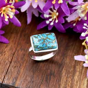 925 Sterling Silver Blue Copper Turquoise Handmade Silver Ring Radiant Gemstone Jewelry Statement Wedding <b>Gift</b> Ring <b>For</b> <b>Her</b> - Product Image 5