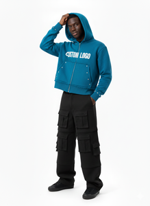 เสื้อฮู้ดดี้สตรีทแวร์แบบสั่งทำพิเศษ ประดับอัญมณี ผ้าหนาน้ำหนัก 400 กรัม ทรงโอเวอร์ไซส์ ผ้าเฟรนช์เทอร์รี่ ล้างแบบวินเทจ สำหรับผู้ชาย แบบครอป ซิปหน้า - Product Image 3