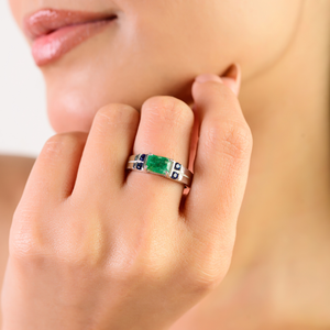 Handcrafted Octagon Emerald & Round Blue Sapphire 925 Sterling <b>Silver</b> Statement Gemstone Band <b>Ring</b> for <b>Man</b> & Women - Product Image 2