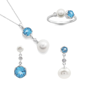 Genuine Hexagon Faceted Cut Blue Topaz And Round Pearl Gemstone 925 Sterling <b>Silver</b> Material Fine Bridal Jewelry <b>Set</b> at Low Cost - Product Image 1