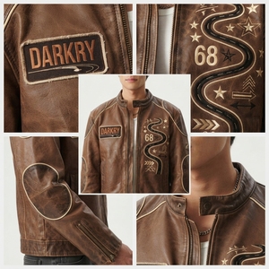 Blouson Moto Homme en Cuir Marron 68 Road avec Patch Brodé, Col Montant, Fermeture Éclair, Style Automne, Doublure en Polyester - Product Image 6