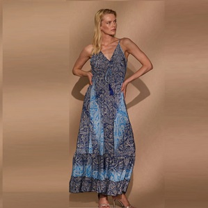 Vestido largo bohemio sin mangas con cuello en V y espalda descubierta para mujer, vestido largo de verano para la playa con dobladillo con volantes, varios colores - Product Image 1