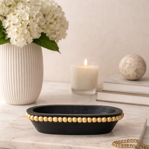 Bol à bougie antique vintage en bois de manguier noir et or, sculpté à la main, style américain, avec perles, pour remplissage de cire - Product Image 2