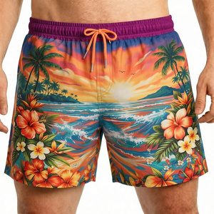 Traje de Baño para Hombre, Estampado Floral Tropical, Secado Rápido, Cintura Media, Cordón Ajustable, Shorts Casuales, 100% Poliéster, Tejido de Punto - Product Image 1