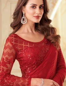 KV <b>Red</b> Embellished Designer Saree With Unstitched <b>Blouse</b> - Product Image 3