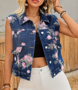 Hardihood International <b>Floral</b> Print Denim <b>Vest</b> Women Sleeveless Button Front Formal Summer Jacket Breathable Distressed - Product Image 5