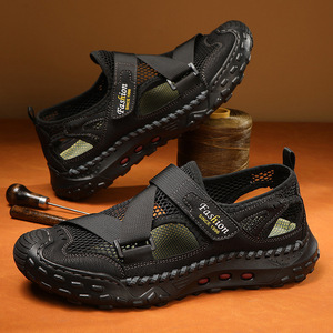 New Summer Men's Open Toe Beach Outdoor Slip-On Slippers Hand Stitched Hollow Breathable Mesh Casual <b>Shoes</b> - Product Image 3