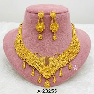 Women's 24K <b>Solid</b> Gold Zircon Flower Choker <b>Necklace</b> Set with Matching Gold Plated Drop Earrings Classic Wedding Jewelry A-23253 - Product Image 3