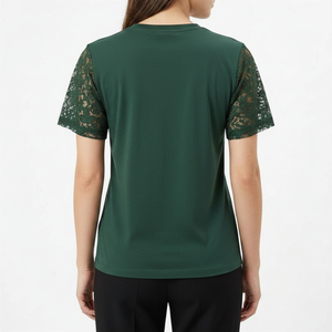 Camiseta de Manga Corta Verde para Mujer, con Mangas de Encaje, Cuello Redondo, Informal, Transpirable, de Poliéster Tejido, para Primavera - Product Image 2