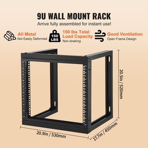 Rack de pared de acero al carbono de 9U con marco abierto para servidor, jaula de red con tuercas, capacidad máxima de carga de 150 lb/68.04 kg, 20.9 para uso de datos - Product Image 4