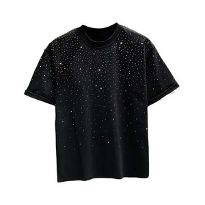 เสื้อยืดผู้ชายแขนสั้นพิมพ์ลายสีดำขนาดใหญ่ประดับเพชรเทียม คอทรงโอ สไตล์ลำลอง ผ้าถัก - Product Image 1