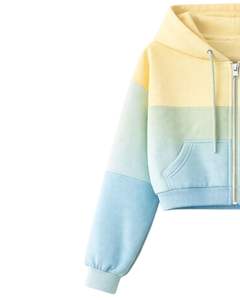 Ensemble décontracté deux pièces pour femme, comprenant un sweat à capuche court zippé et un short cargo, color block jaune, menthe et bleu, en polyester et coton, vente en gros - Product Image 3