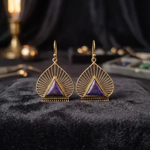 Boucles d'oreilles en laiton et lapis-lazuli naturel |   Boucles d'oreilles pendantes en pierres précieuses faites à la main |   Bijoux en laiton en gros - Product Image 2