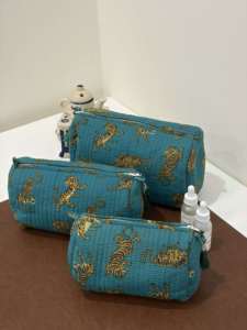 Niharo Women's Wholesale Custom Hand Block Print Cotton <b>Quilted</b> <b>Makeup</b> <b>Bag</b> Set 3 Travel Toiletry Cosmetic Pouch Organizer Teal - Product Image 4