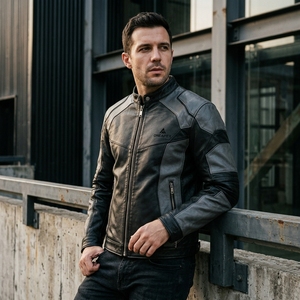 Blouson de motard en cuir noir et gris pour homme, col montant zippé, veste de moto personnalisée haut de gamme, vente en gros - Product Image 5