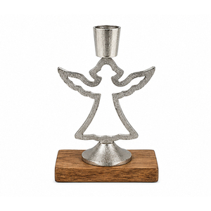 Porte-bougie ange en aluminium artisanal sur base en bois, support de bougie de Noël, décoration de table de Noël pour la vente en gros - Product Image 1