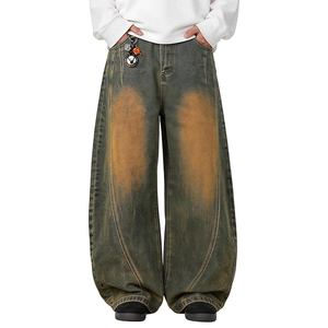 Denim Unisex 100% Cotton Quick Dry High Waist Heavyweight Vintage Regular Fit Straight Embroidery Multiple colors <b>Baggy</b> Style - Product Image 1