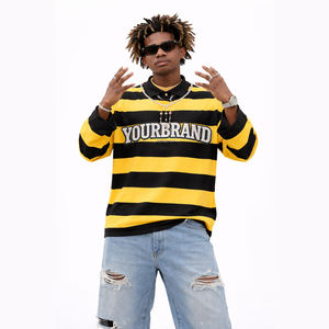 Polo en coton pour homme, coupe carrée, à manches longues, tricoté épais, style rugby court, avec broderie personnalisée et strass rayés - Product Image 1