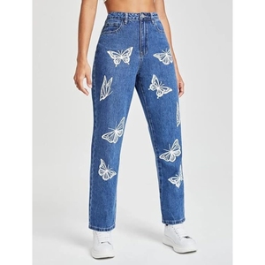 Jeans de Pierna Ancha para Mujer, Estampado de Mariposas, Jeans de Mezclilla Elásticos - Product Image 2