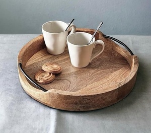 <b>Round</b> Mango Wood <b>Serving</b> <b>Tray</b> with Black Metal Handles – Wholesale Rustic Decorative Wood <b>Tray</b> for Coffee Table, Dining & Home - Product Image 6