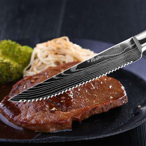 High Quality Stainless Steel Damascus Pattern Serrated Blade Steak <b>Knife</b> <b>Set</b> for Restaurants Kitchen Use OEM Carbon Steel Handle - Product Image 2