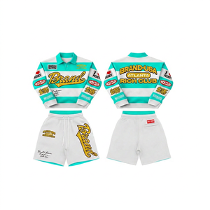 Men's Green Polo <b>Jacket</b> Set with <b>White</b> <b>Shorts</b> Streetwear Summer Casual Matching Outfit Printed Letter Design - Product Image 5