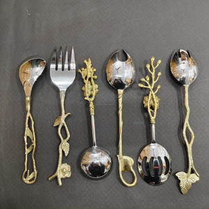 6-Piece Luxury Gold Floral Handle Serving Set Stainless Steel Decorative Branch <b>Dessert</b> Spoons and Appetizer <b>Forks</b> for Events - Product Image 5