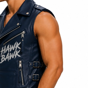 Veste en cuir décontractée pour hommes, style motard, sans manches, col large, fermeture éclair sur le devant, plusieurs poches, ajustable - Product Image 6