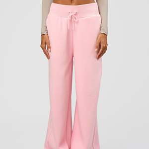 Pantalones de chándal de felpa para mujer, color rosa, de pierna ancha, cintura alta, con cordón, ajuste holgado, informales, de longitud completa, de color liso, de punto - Product Image 4