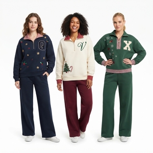 Sweat-shirt à demi-zip pour femme de qualité supérieure avec texte brodé et pantalon droit assorti, ensemble en molleton deux pièces - Product Image 2