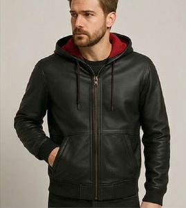 Chaqueta con Capucha de Cuero Negra para Hombre, Corte Ajustado, con Cierre, Estilo Casual Urbano, Ropa de Invierno, Calidad Premium, Elegante, Resistente al Viento, con Calefacción - Product Image 1